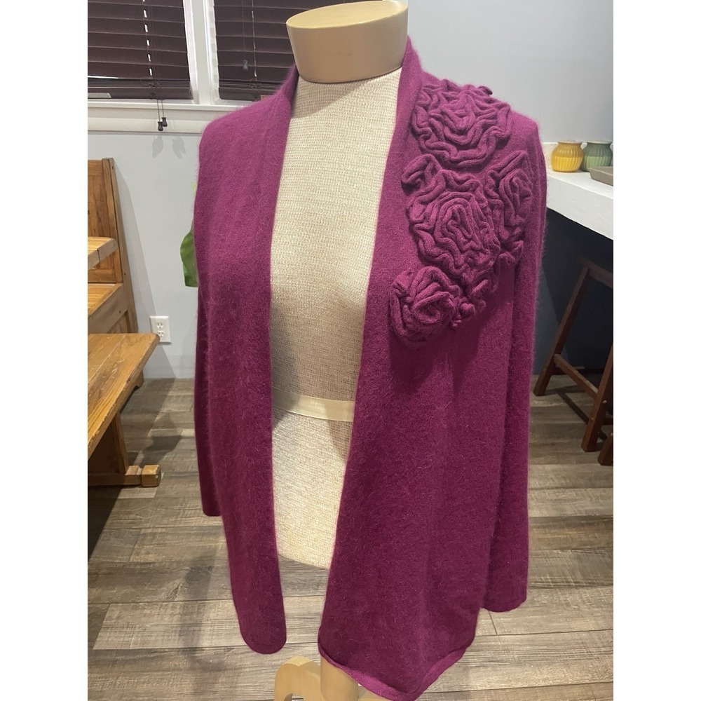 Cynthia Rowley Soft Angora Rabbit Hair Blend Open Wine Cardigan Rose Appliqué M